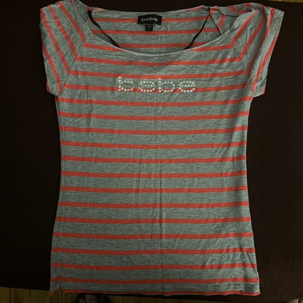 Bebe Striped Bling logo T shirt Size S Coral/Grey
